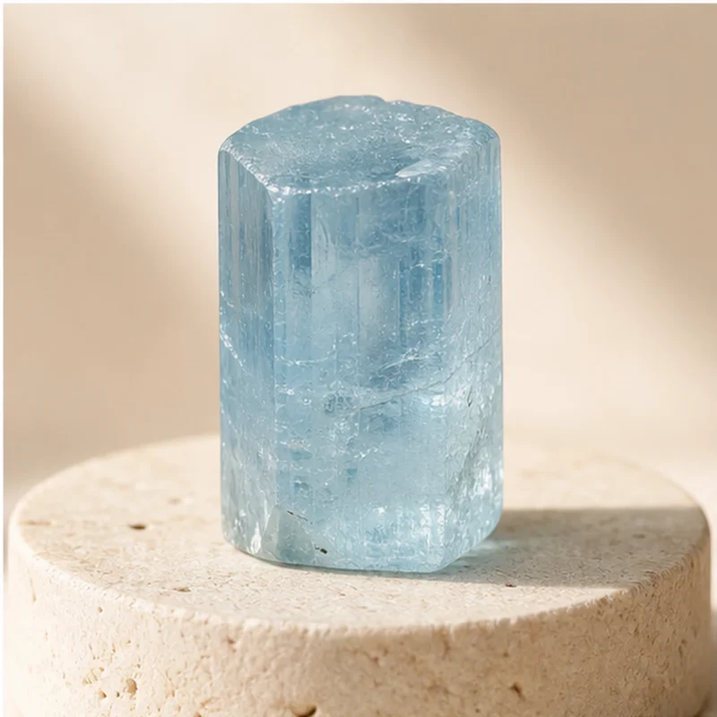 Aquamarine raw stone on travertine