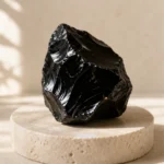 Black Obsidian raw stone on travertine