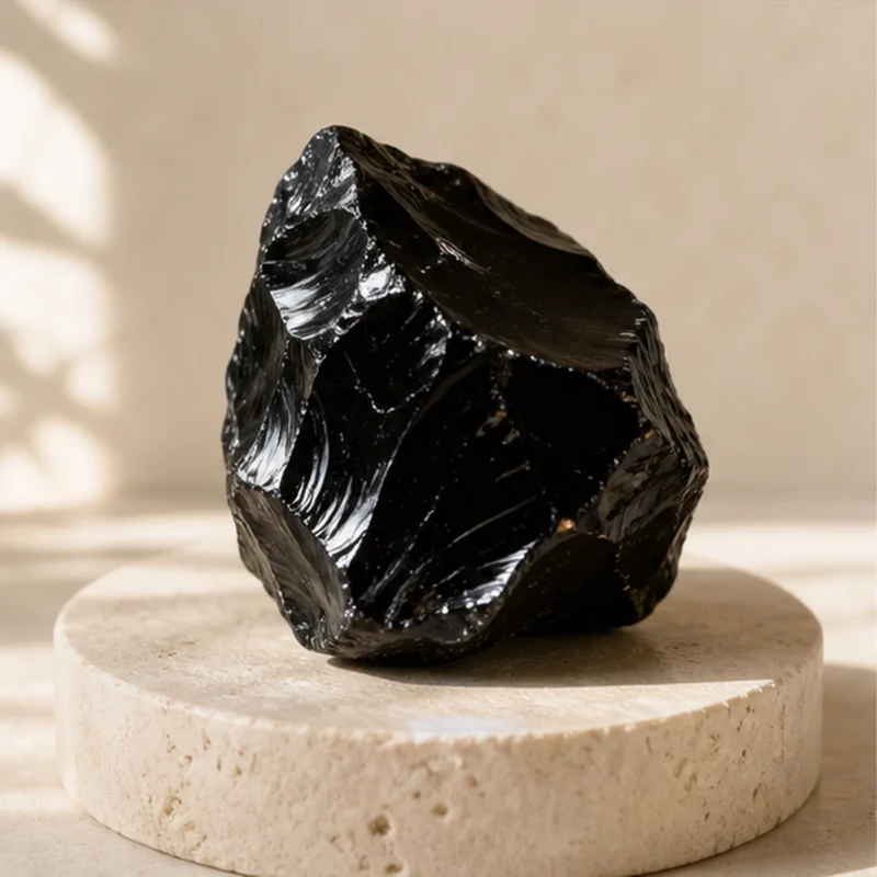 Black Obsidian raw stone on travertine