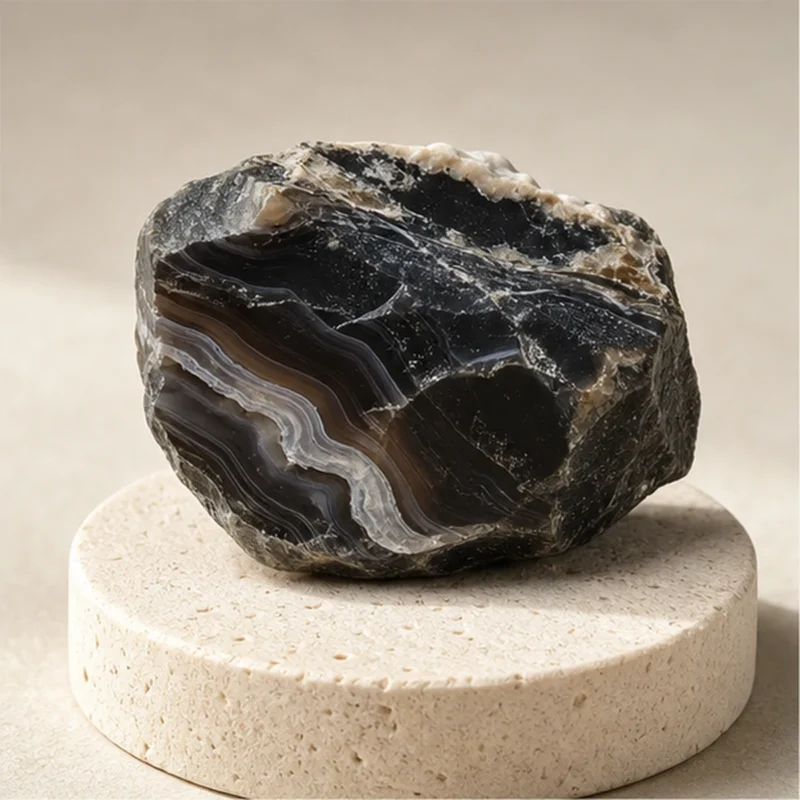 Black Onyx raw stone on travertine