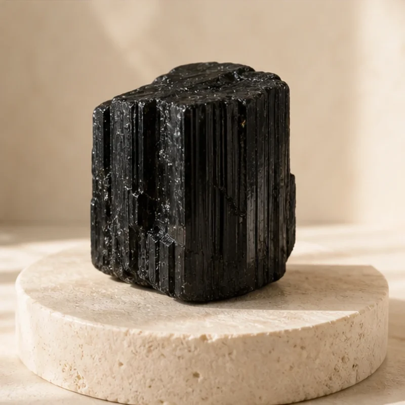 Black Tourmaline raw stone on travertine