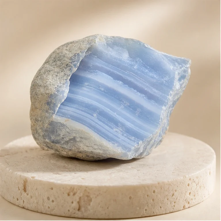 Blue Lace Agate raw stone on travertine
