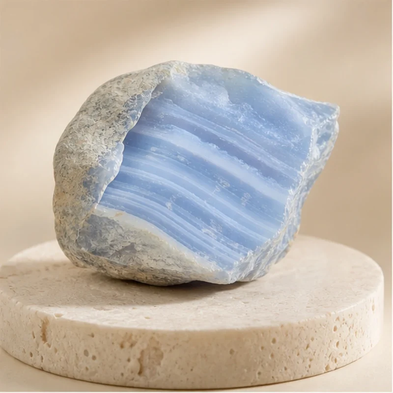 Blue Lace Agate raw stone on travertine