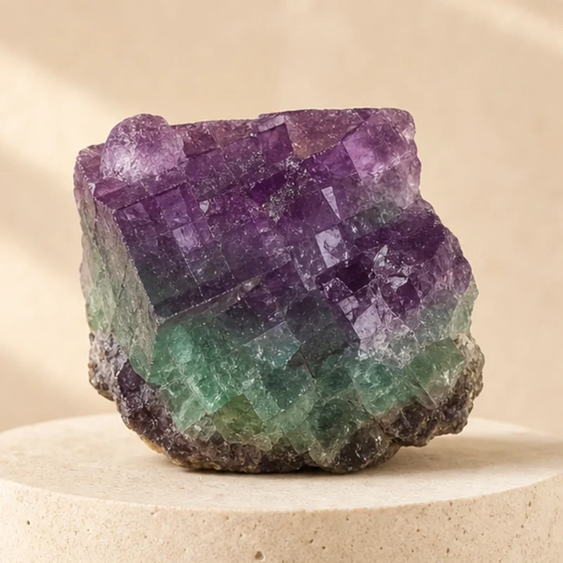 Fluorite raw stone on travertine