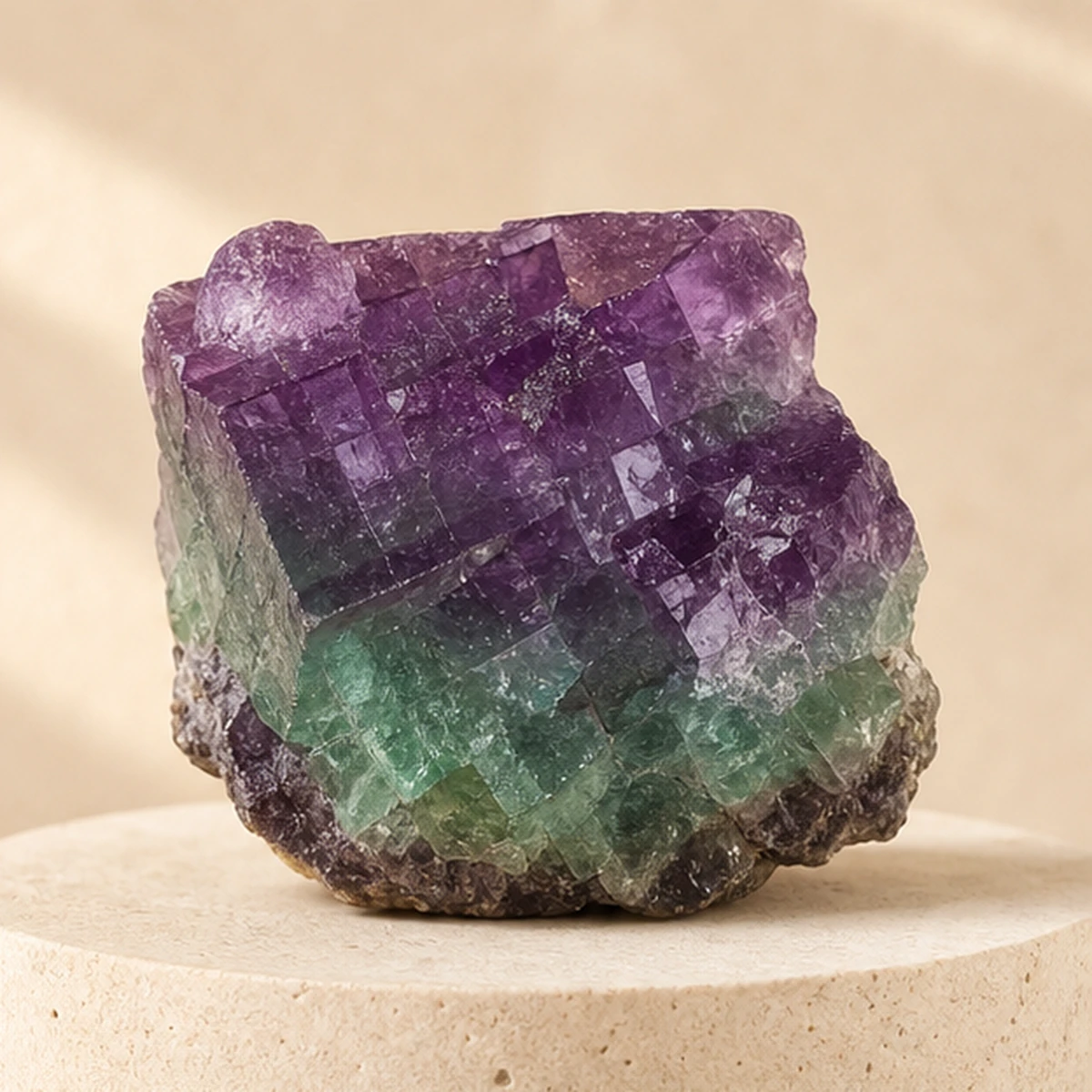 Fluorite raw stone on travertine Fluorite raw stone on travertine