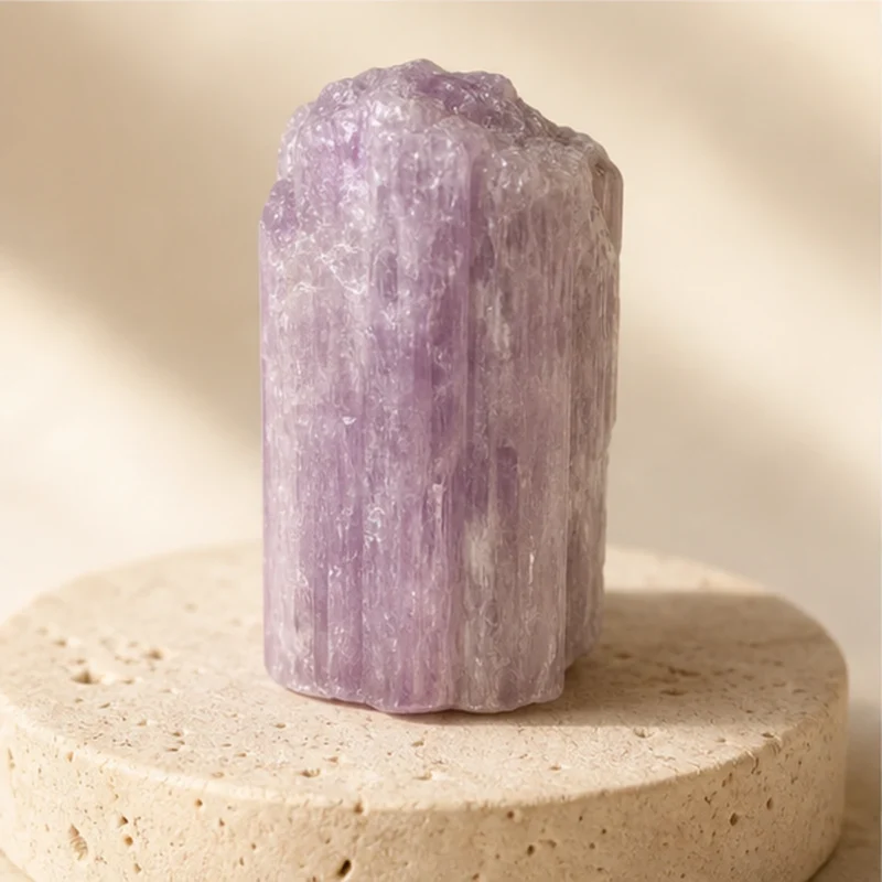 Kunzite raw stone on travertine