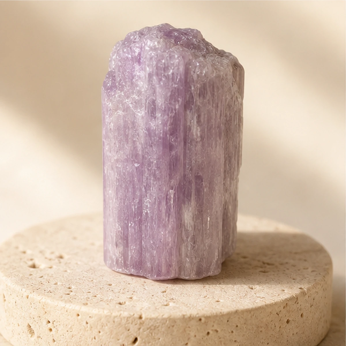 Kunzite raw stone on travertine Kunzite raw stone on travertine