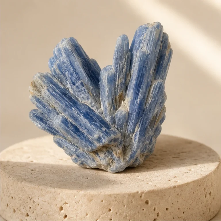 Blue Kyanite raw stone on travertine