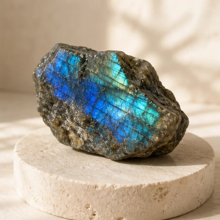 Labradorite raw stone on travertine