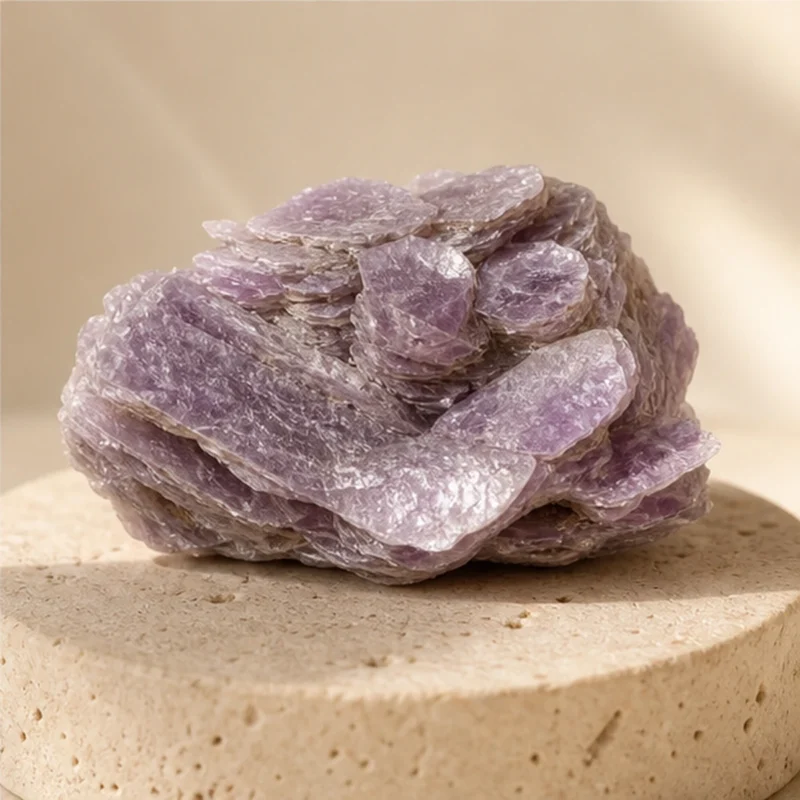 Lepidolite raw stone on travertine