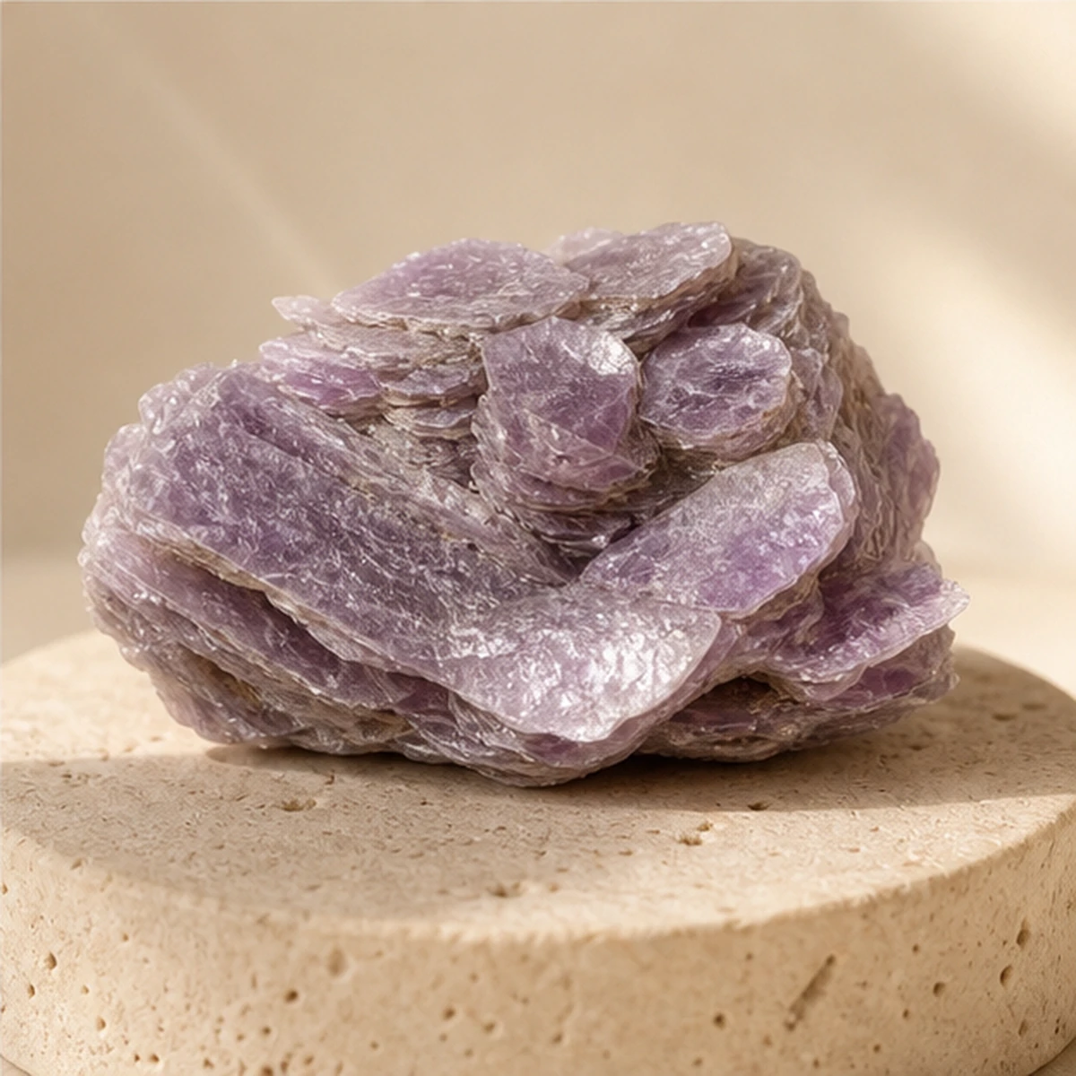 Lepidolite raw stone on travertine Lepidolite raw stone on travertine