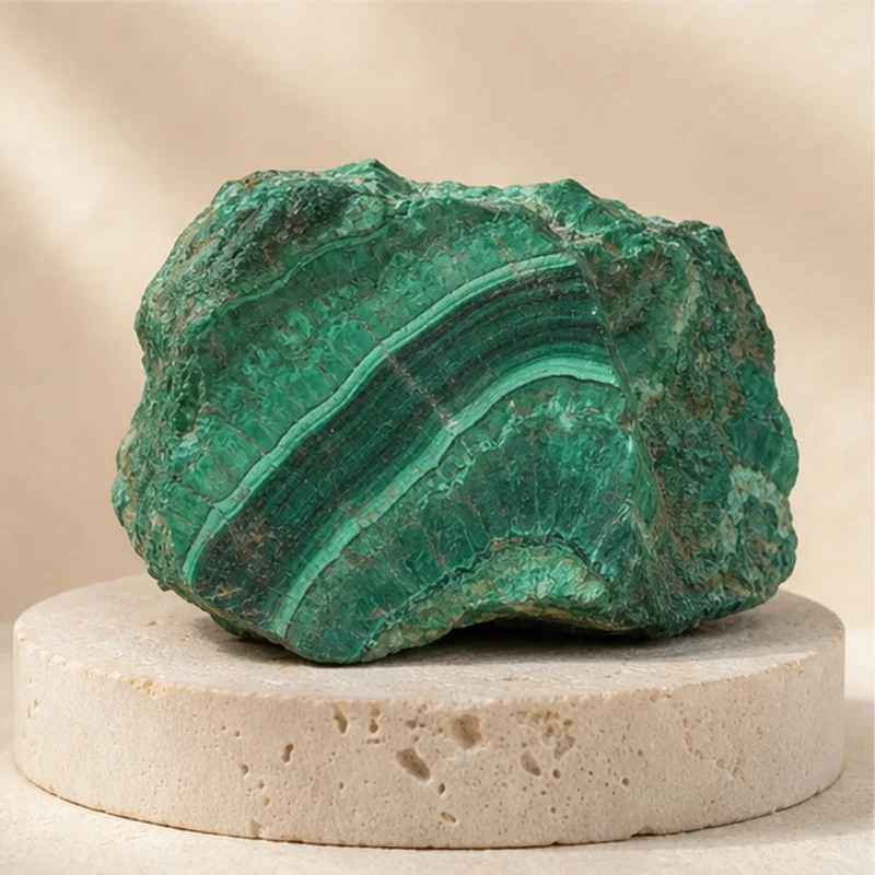 Malachite raw stone on travertine