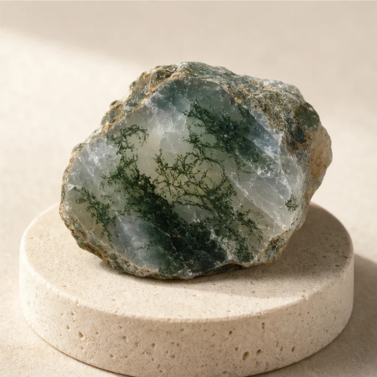 Moss Agate raw stone on travertine