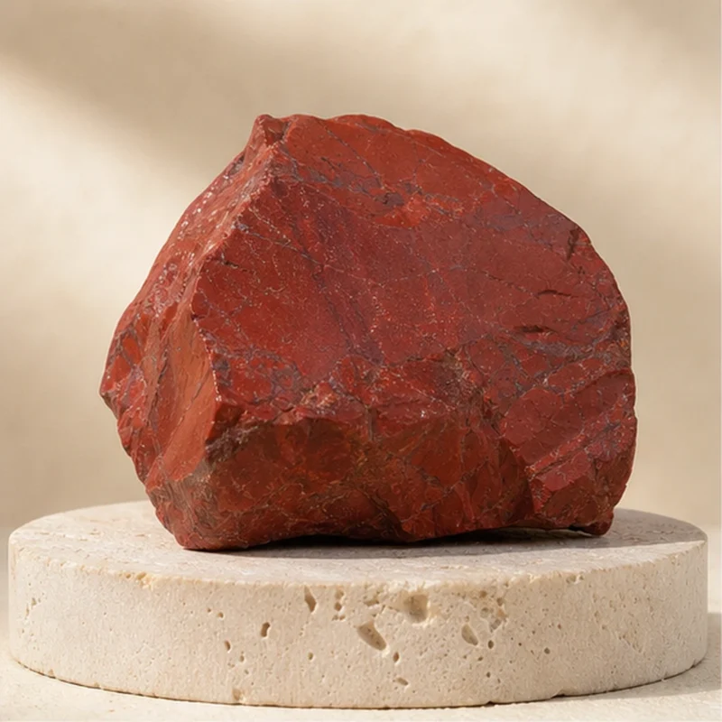 Red Jasper raw stone on travertine
