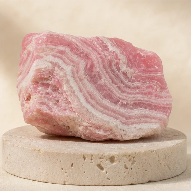 Rhodochrosite raw stone on travertine