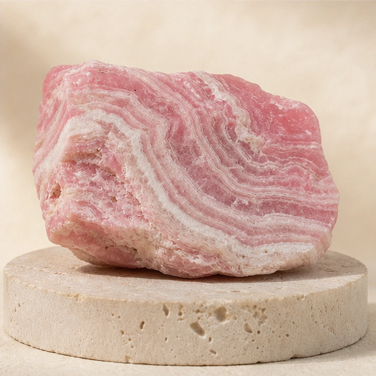 Rhodochrosite raw stone on travertine Rhodochrosite raw stone on travertine