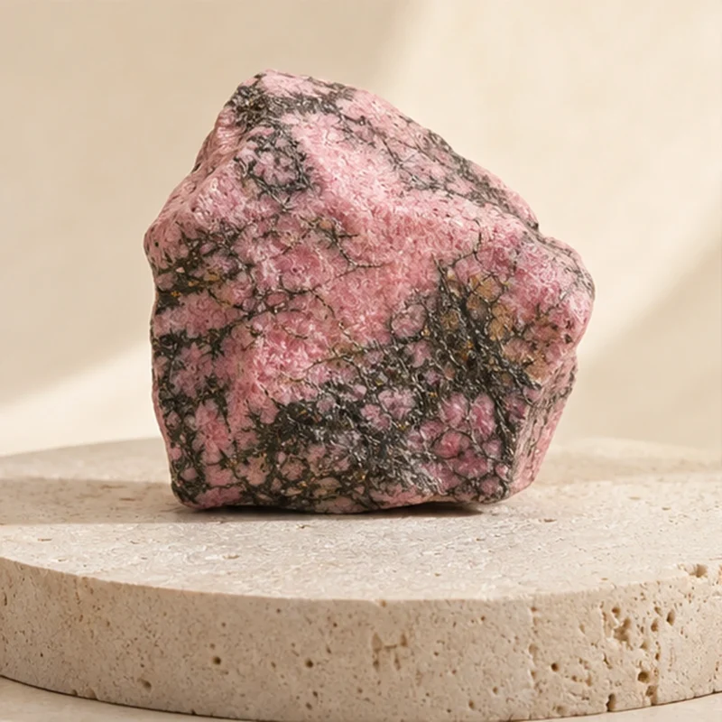 Rhodonite raw stone on travertine