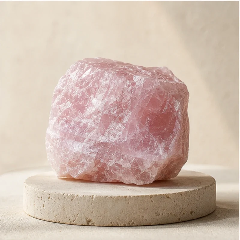 Rose Quartz raw stone on travertine