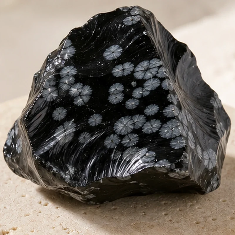 Close-up texture of Snowflake Obsidian raw stone