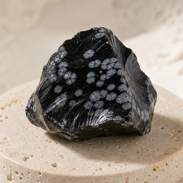 Snowflake Obsidian raw stone on travertine