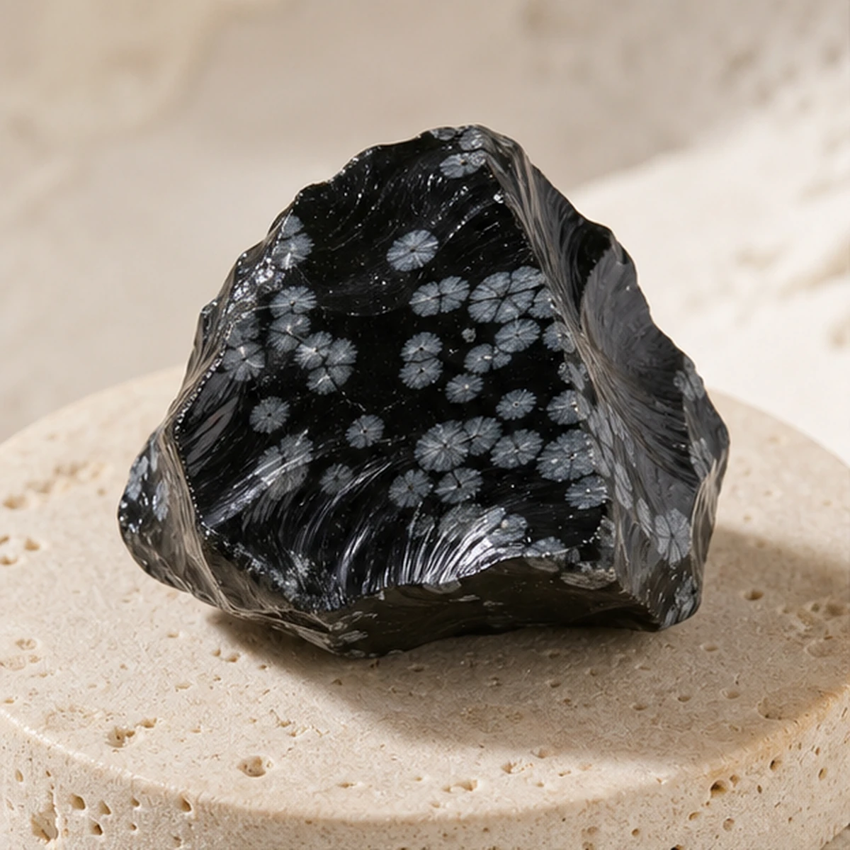 Snowflake Obsidian raw stone on travertine Snowflake Obsidian raw stone on travertine