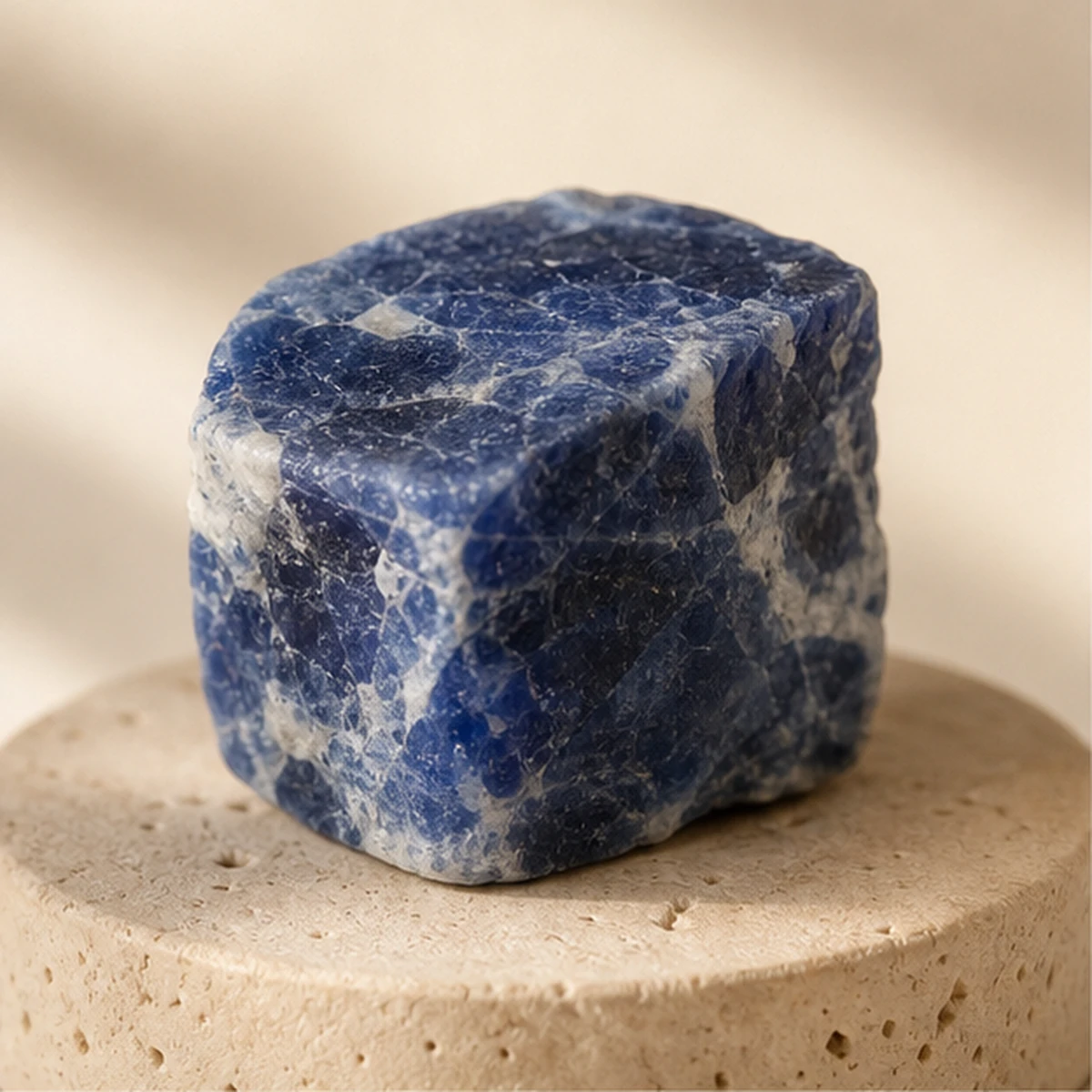 Sodalite raw stone on travertine Sodalite raw stone on travertine