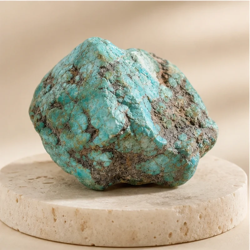 Turquoise raw stone on travertine